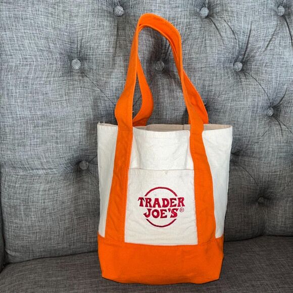 Trader Joe's Mini Canvas Tote Bag Orange Limited Edition Reusable Bag CREW - Picture 2 of 6